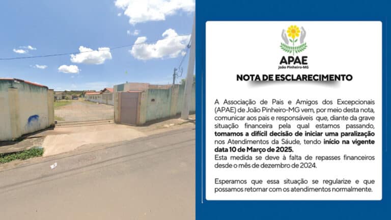 APAE de João Pinheiro anuncia paralisação dos atendimentos de saúde por falta de repasses da Prefeitura