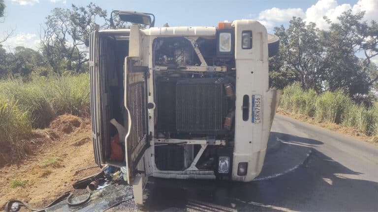 Carreta carregada com gado tomba na MG-410, em Lagoa Grande