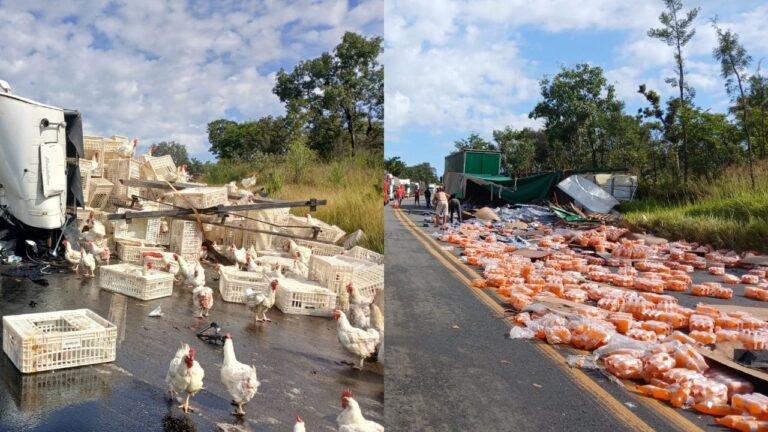“Sobrou nada!” População saqueia carretas de frango e refrigerante após acidente na BR-040, em João Pinheiro