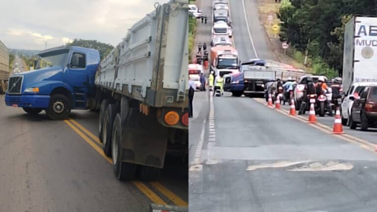 Motorista age rápido e evita tragédia após perder freios de carreta carregada com postes na BR-040, em Três Marias