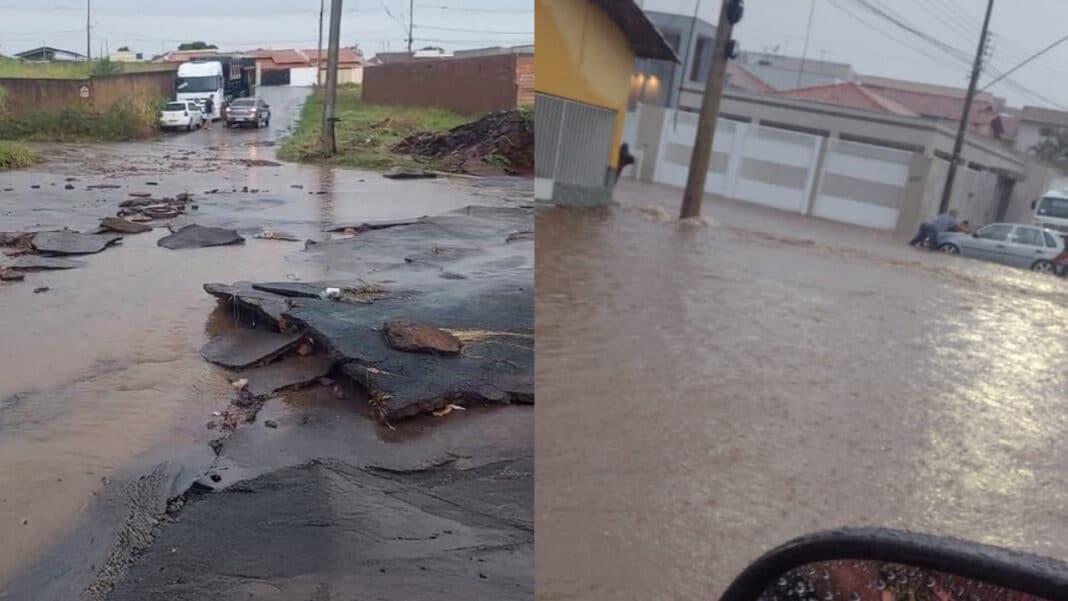 Chuva forte provoca inundações e enxurradas nas ruas de João Pinheiro nesta quarta-feira (26)