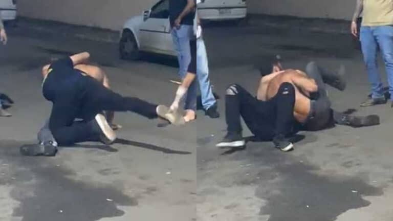 Homens trocam socos e rolam no chão durante briga em frente a bar no Centro de João Pinheiro