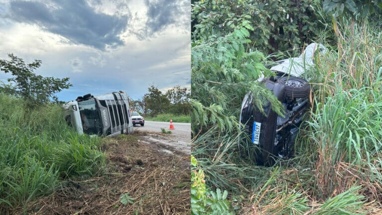 Carreta cegonha com veículos da FIAT tomba na BR-040 em João Pinheiro após chuva