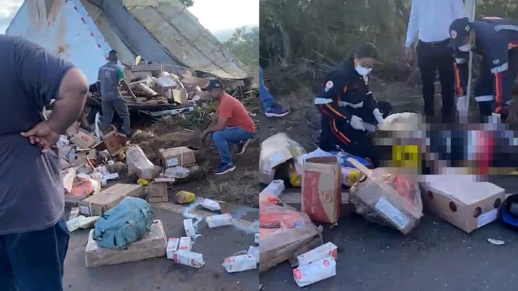Motorista fica ferido após caminhão com frango, leite e refrigerante sair da pista na MG-181, em Brasilândia de Minas