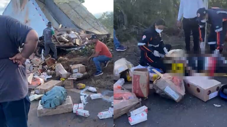 Motorista fica ferido após caminhão com frango, leite e refrigerante sair da pista na MG-181, em Brasilândia de Minas