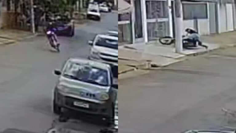 Câmeras flagram motociclista tentando dar "grau" e se dando mal no centro de João Pinheiro