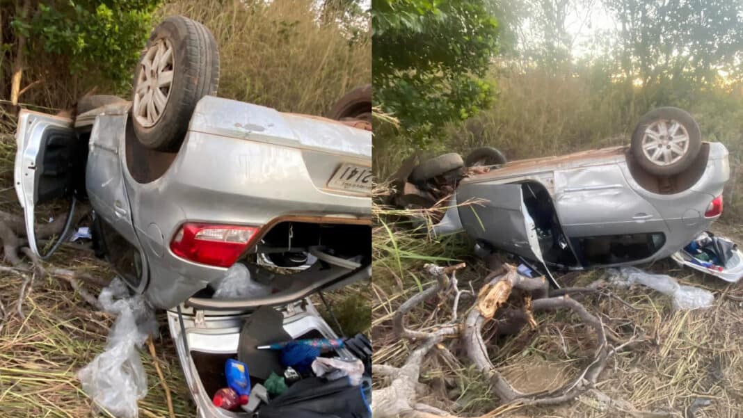 Mulher cochila ao volante, perde controle e capota carro na MG-181, em Bonfinópolis de Minas