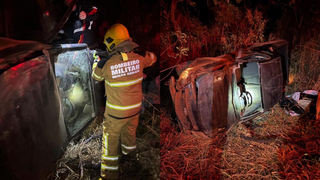 Motorista fica preso às ferragens após capotar carro na MG-410, em Lagoa Grande