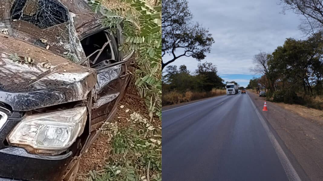 Motorista desvia de carro na contramão, sai da pista e bate em árvore na BR-040 em João Pinheiro; dois ficam feridos