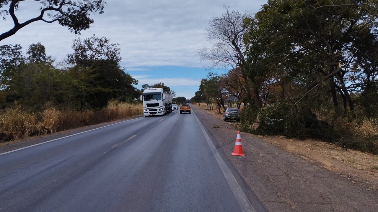 Motorista desvia de carro na contramão, sai da pista e bate em árvore na BR-040 em João Pinheiro; dois ficam feridos