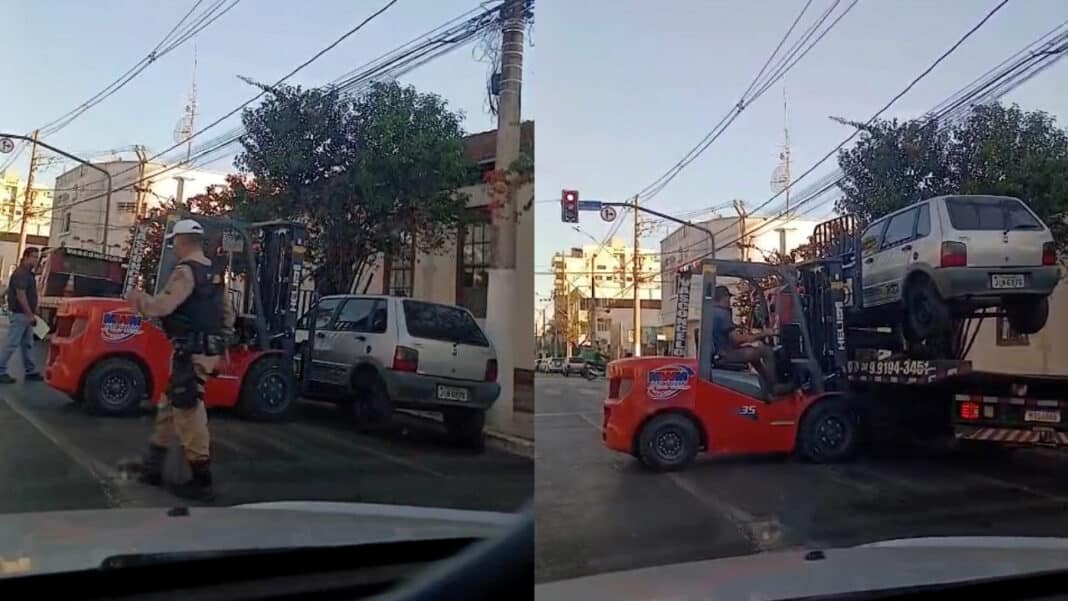 Daria certo em João Pinheiro? Carro em local proibido é removido com empilhadeira em Patos de Minas