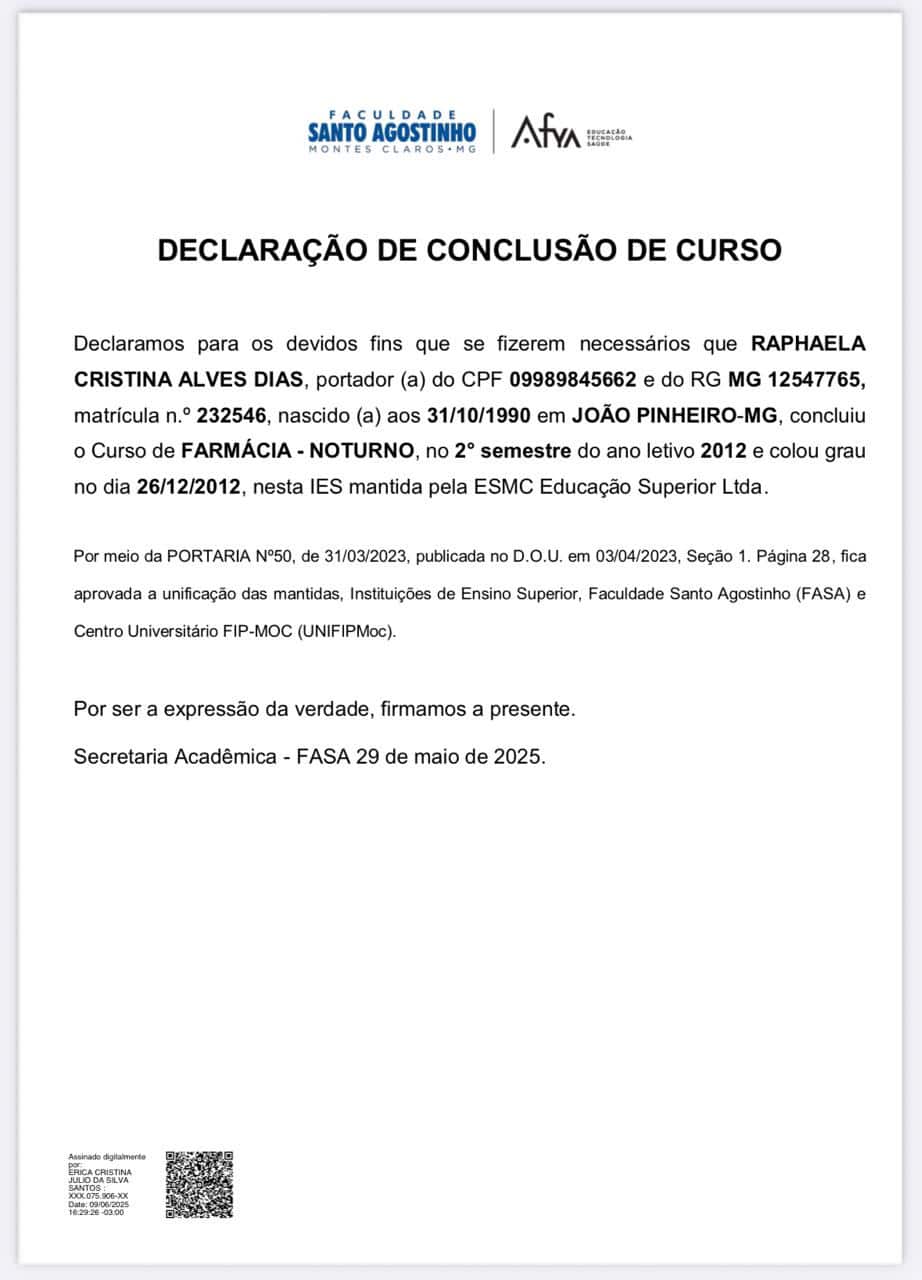 Farmacêutica de João Pinheiro declara extravio de diploma e apresenta comprovação de conclusão do curso