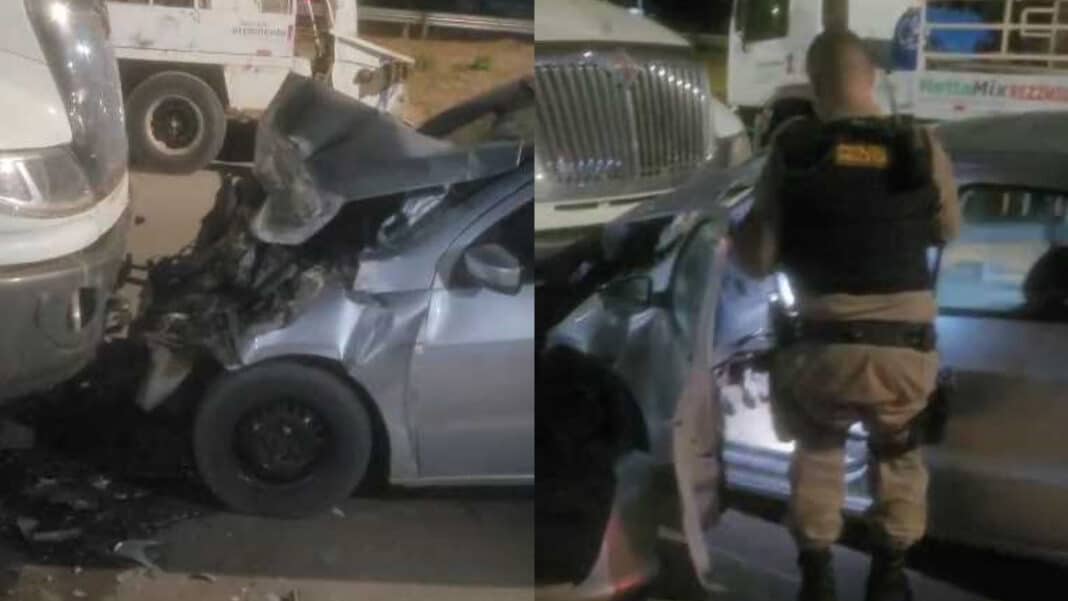 Jovem fica ferido após bater carro de frente com caminhão estacionado em João Pinheiro; veja o vídeo