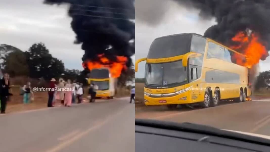 Ônibus lotado de idosos que vinham para evento em João Pinheiro pega fogo na MG-188 em Unaí