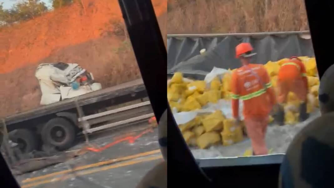 Carreta tomba, fica completamente destruída e espalha carga de gesso na BR-040, em Três Marias