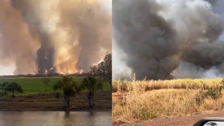 Fumaça de incêndio em canavial encobre o sol e assusta moradores em João Pinheiro