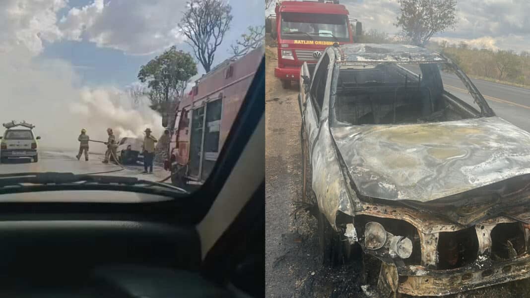 Fiat Strada pega fogo e fica completamente destruída na BR-040, em João Pinheiro