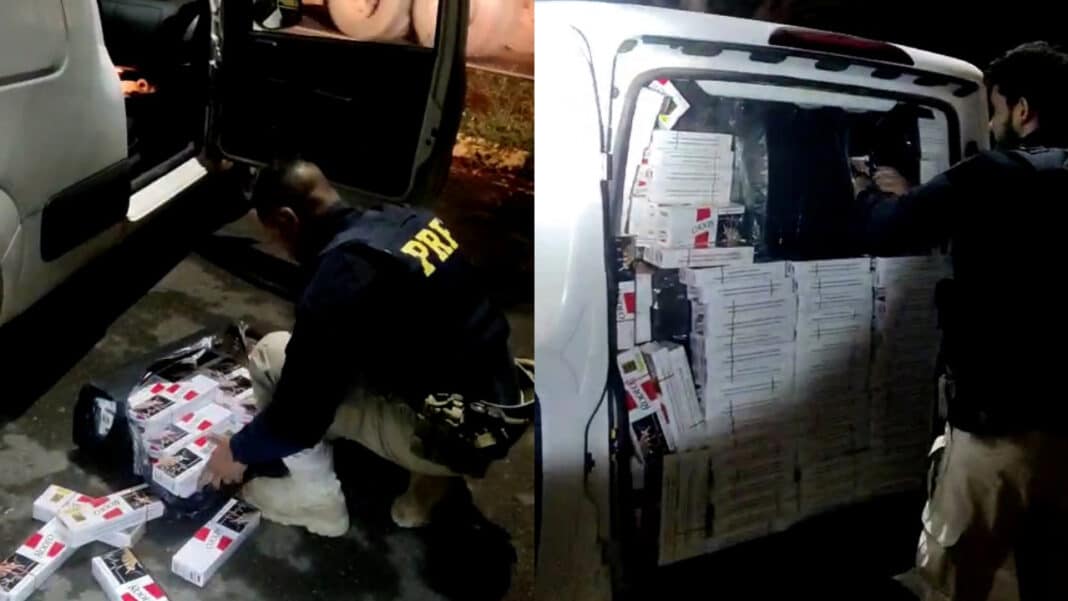A casa caiu por causa do cinto: PRF para motorista e descobre Fiorino lotada de cigarro do Paraguai na BR-365
