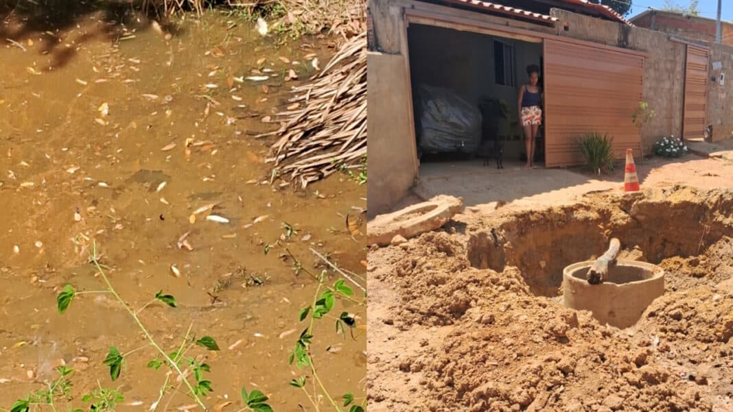Esgoto da Copasa vaza por 11 dias, mata peixes e abre cratera em rua de Brasilândia de Minas