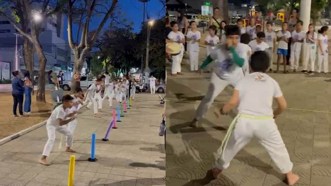 Roda de capoeira ao ar livre chama a atenção e reúne mais de 30 crianças em Praça no Centro de João Pinheiro