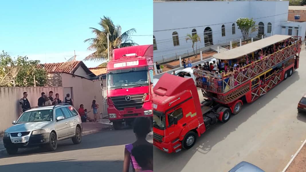 'Carreta da Alegria' superlotada e irregular é guinchada durante evento infantil em Luizlândia do Oeste (JK)