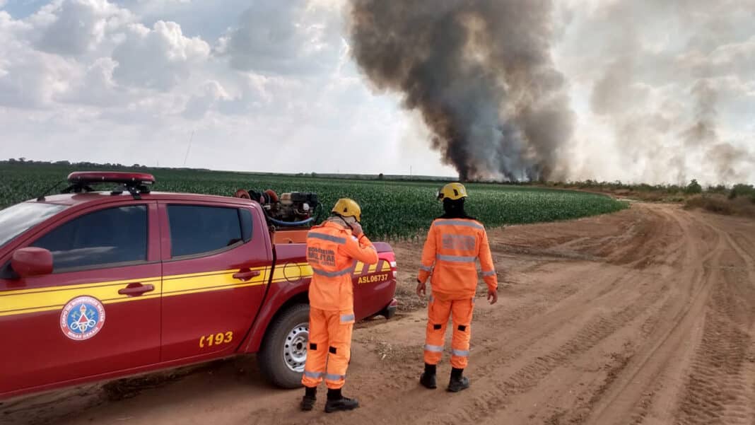 Bombeiros e brigadistas combatem incêndio que atingiu duas fazendas às margens da BR-040 em Lagoa Grande