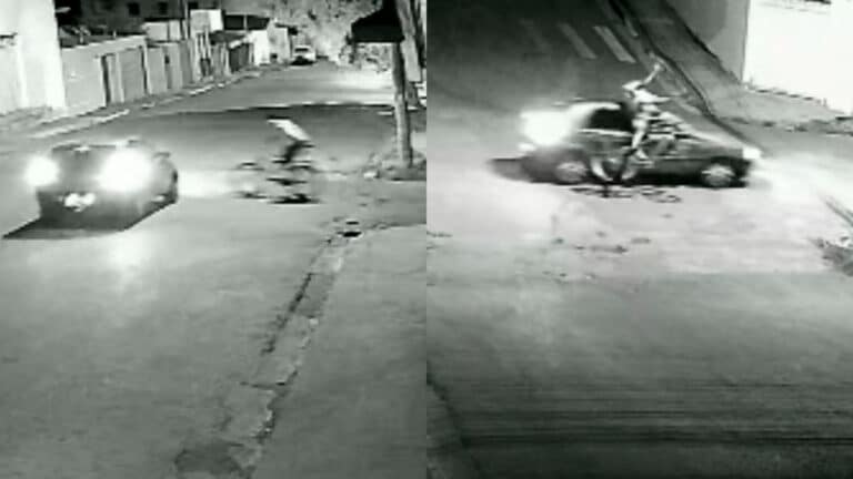 Vídeo: "bicicleteiro" desce rua a toda velocidade na contramão e bate em carro no Centro de João Pinheiro