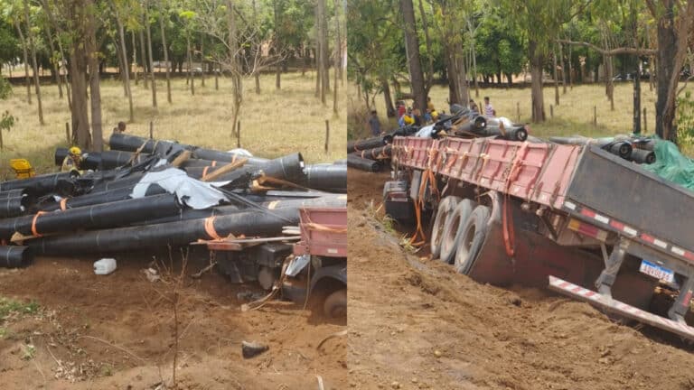 "Milagre" na BR-365: caminhoneiro escapa ileso após sair de pista e carga de bobinas de lona esmagar cabine
