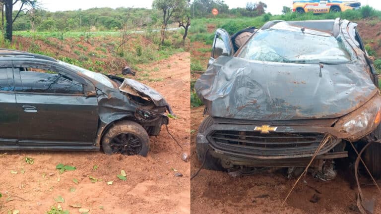 Idoso de Brasilândia capota o carro na MGC-354 ao tentar ultrapassar dois caminhões em Presidente Olegário