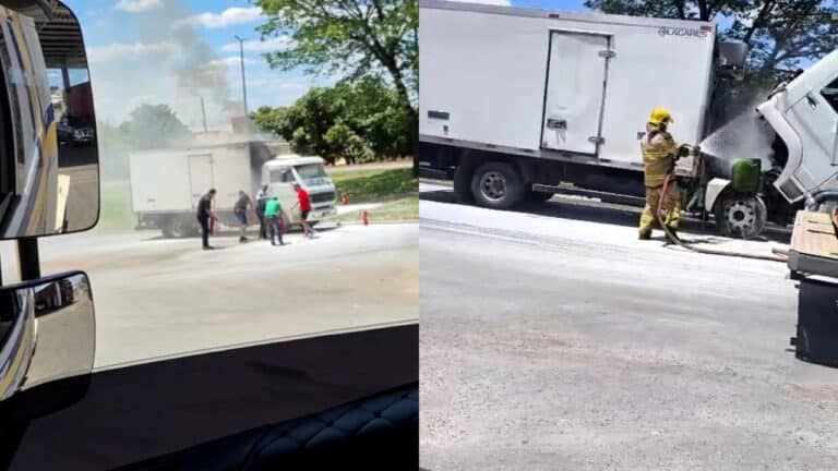 Impressionante! Vídeo mostra motorista e populares tentando apagar fogo de caminhão antes da chegada dos bombeiros