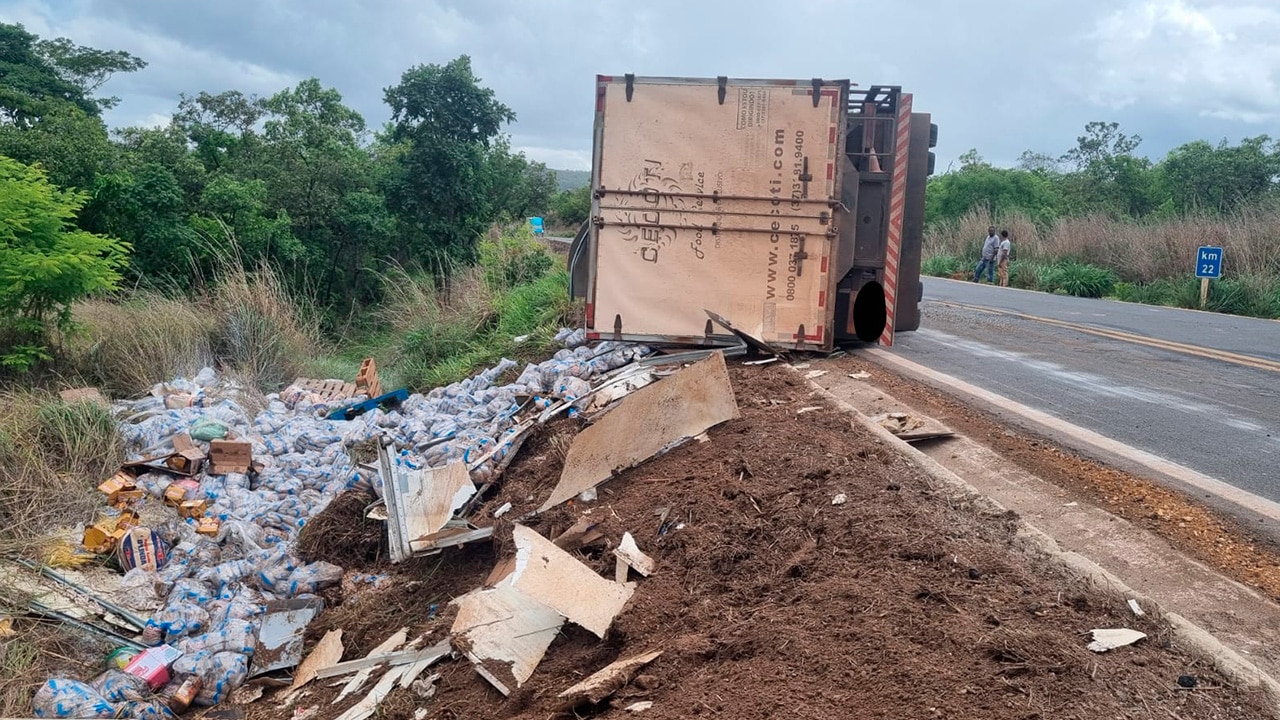 Carga de 11 toneladas de feijão fica espalhada na MG-410 após caminhão tombar em curva