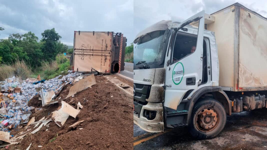 Carga de 11 toneladas de feijão fica espalhada na MG-410 após caminhão tombar em curva