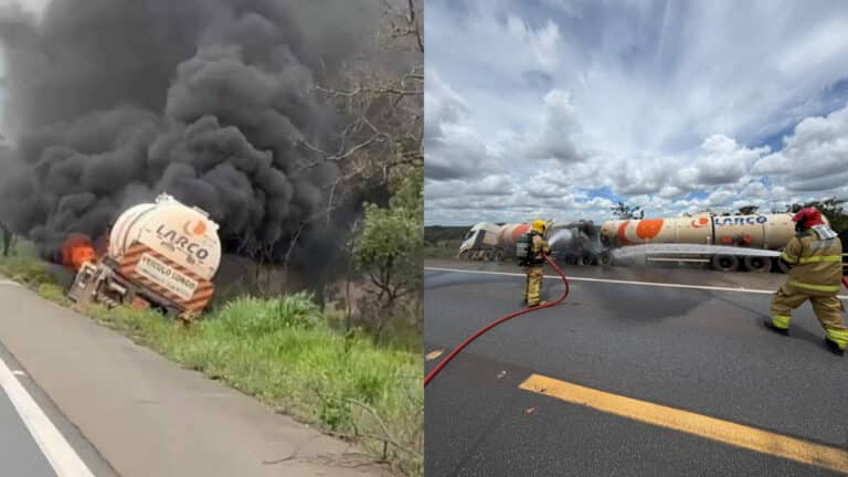 Carreta carregada com diesel pega fogo na BR-365 em João Pinheiro e rodovia fica interditada por mais de 17 horas