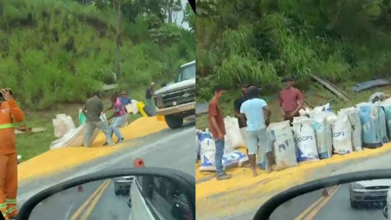 Carga de 38 toneladas de milho é liberada e populares fazem a festa na BR-040 em João Pinheiro