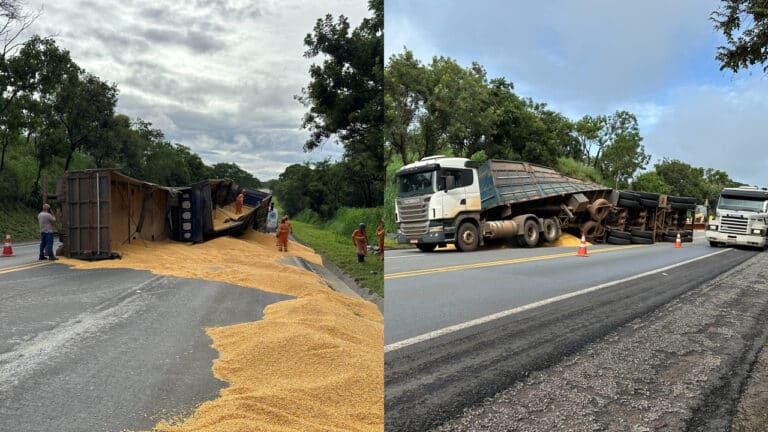 Carreta com 38 toneladas de milho tomba na serra da COENG e interdita faixas da BR-040 em João Pinheiro