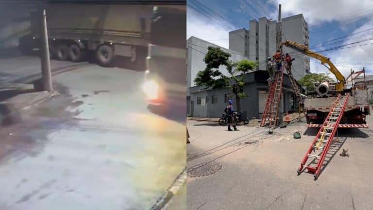 Vídeo: carreta destrói poste, causa curto e estrutura fica suspensa por fios no Centro de João Pinheiro