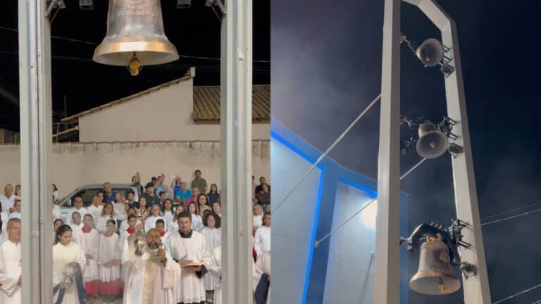 Com mais de 200 kg em sinos de bronze, campanário da Imaculada Conceição é inaugurado em João Pinheiro