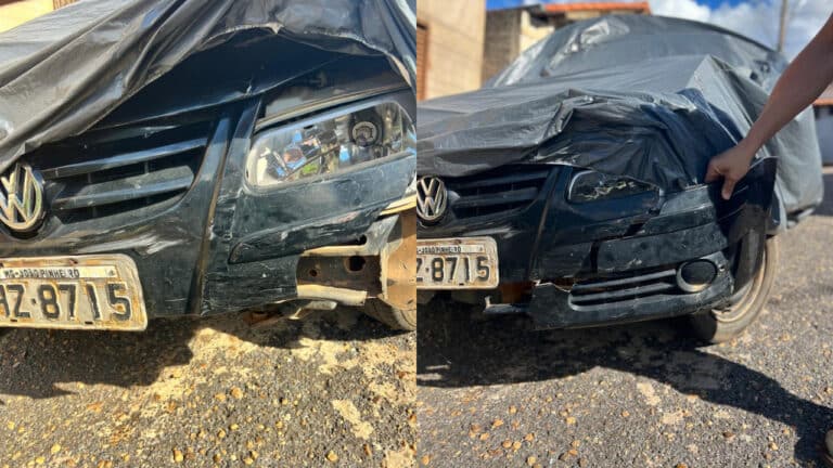 Carro de motorista que fugiu após atingir violentamente motociclista é encontrado escondido sob lona em João Pinheiro