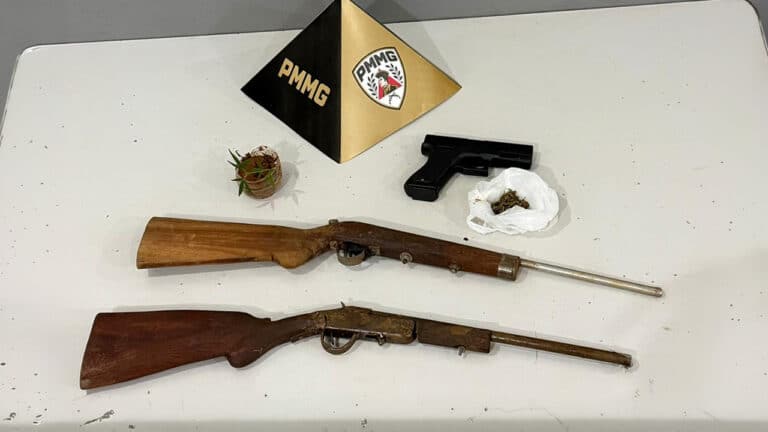 Jovem tenta fugir da PM, mas é preso com espingardas, simulacro e pé de maconha em Brasilândia