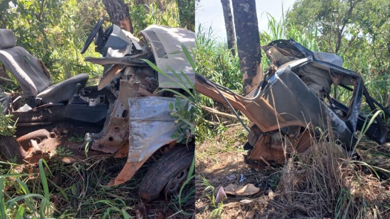 Carro fica destruído e motorista é arremessado para fora após bater em árvore na MG-188 em Unaí