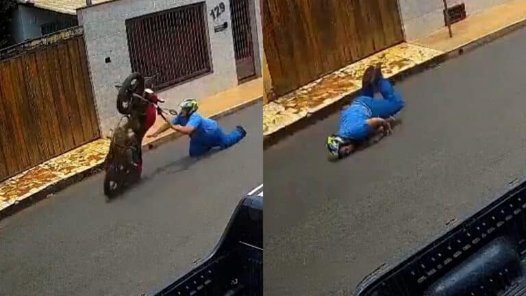 Ralou a cara no chão! Motociclista tenta dar grau perto de crianças mas acaba levando a pior; veja!
