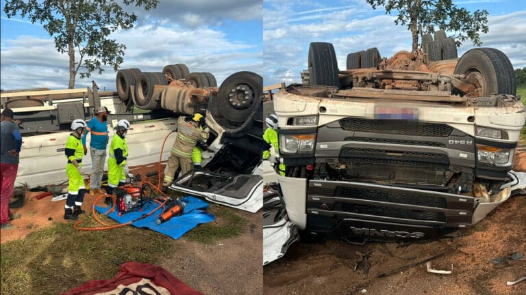 Carreta capota na BR-040 e deixa motorista preso às ferragens com múltiplas fraturas em João Pinheiro