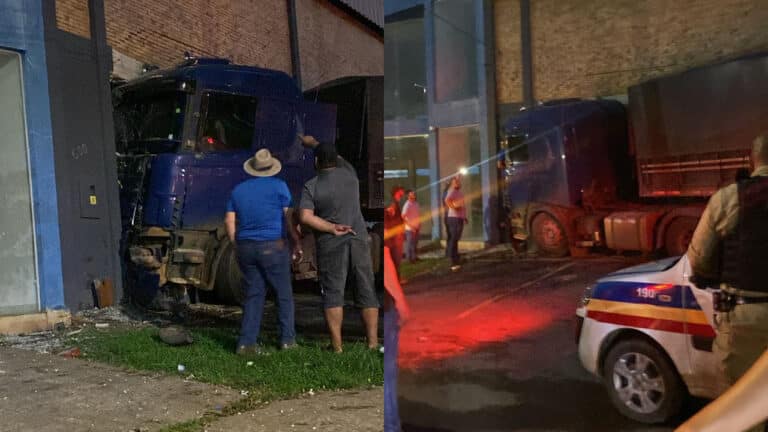 Carreta desgovernada destrói placa de restaurante e para dentro de loja às margens da BR-040 em João Pinheiro