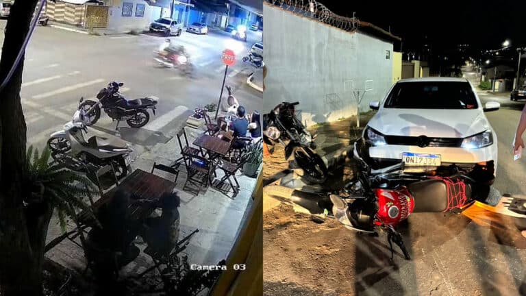 Motociclista avança pare, colide com outra moto e atinge carro estacionado em João Pinheiro; veja o vídeo