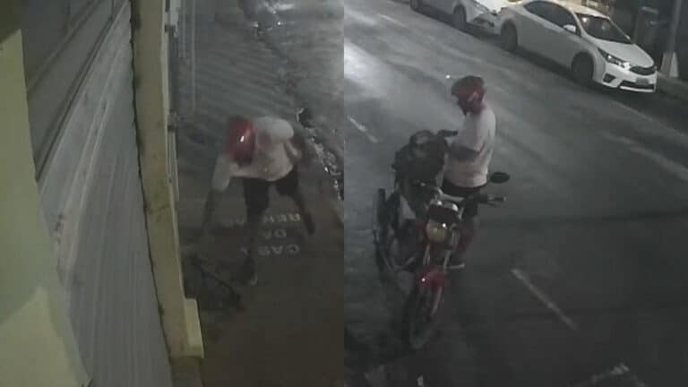 Câmera flagra motociclista pegando bolsa com documentos de criança e mãe faz apelo em João Pinheiro