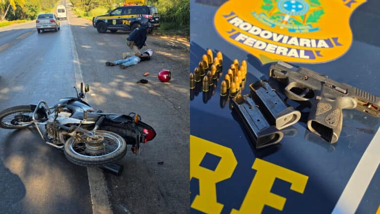 Motociclista avança contra PRF, cai e é preso com pistola 9mm que pode estar ligada a homicídio em Três Marias