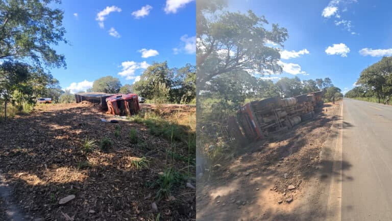 Desnível na rodovia pode ter causado tombamento de carreta carregada de cavaco na MG-181 em João Pinheiro 