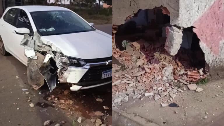 Motorista em alta velocidade atravessa muro de casa e foge deixando carro pra trás em João Pinheiro