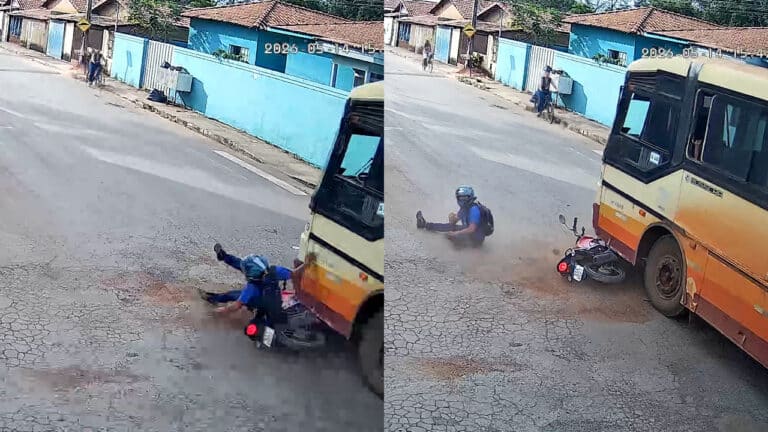 Motoqueiro avança pare, bate em ônibus e por pouco acidente não vira tragédia em João Pinheiro; veja o vídeo