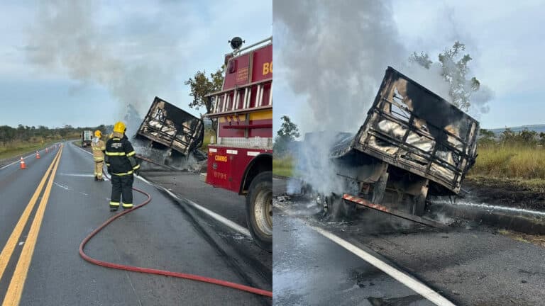 Carreta carregada de barras metálicas pega fogo na BR-040 e fica destruída em João Pinheiro